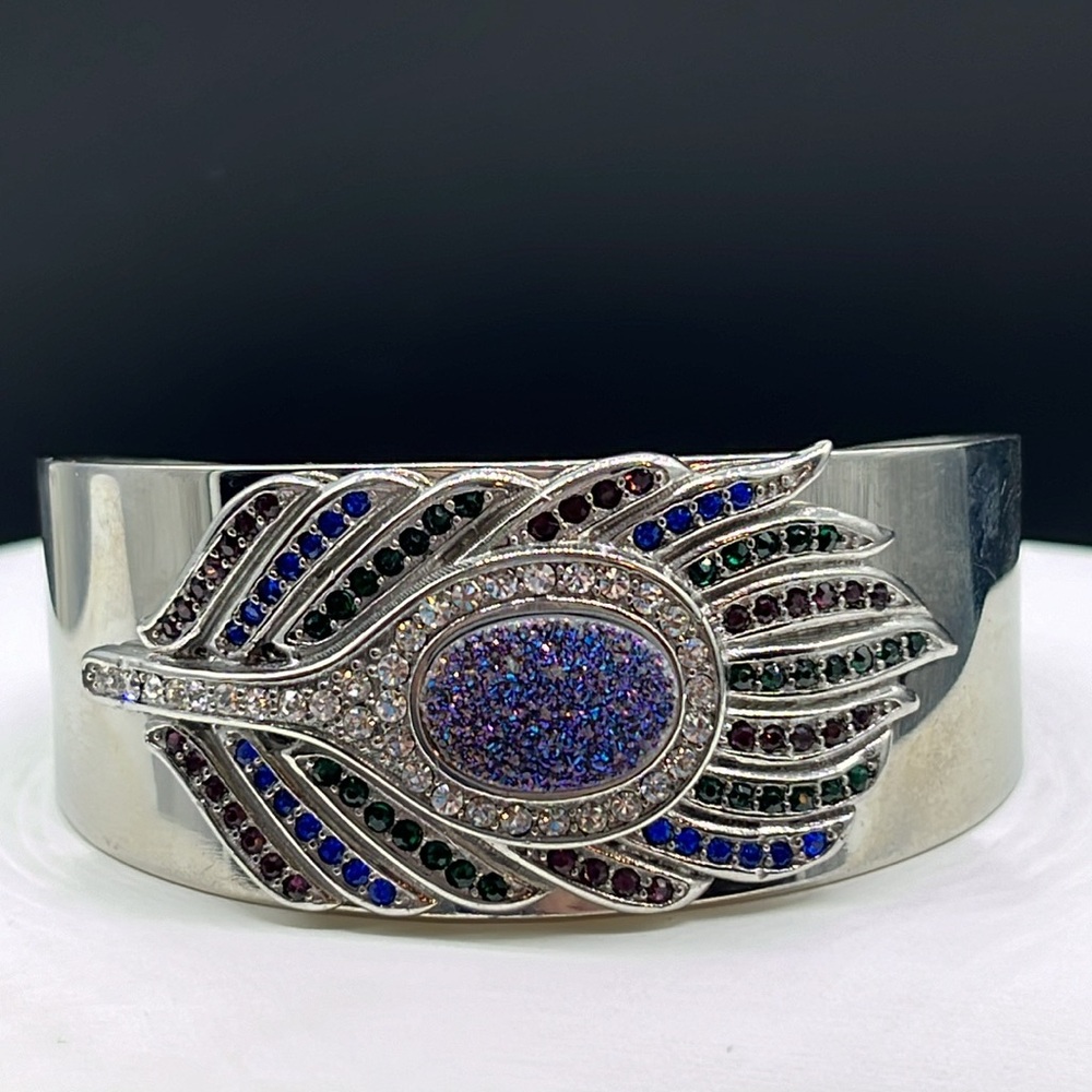 Vintage Large stainless steel rhinestone peacock feather cuff bracelet